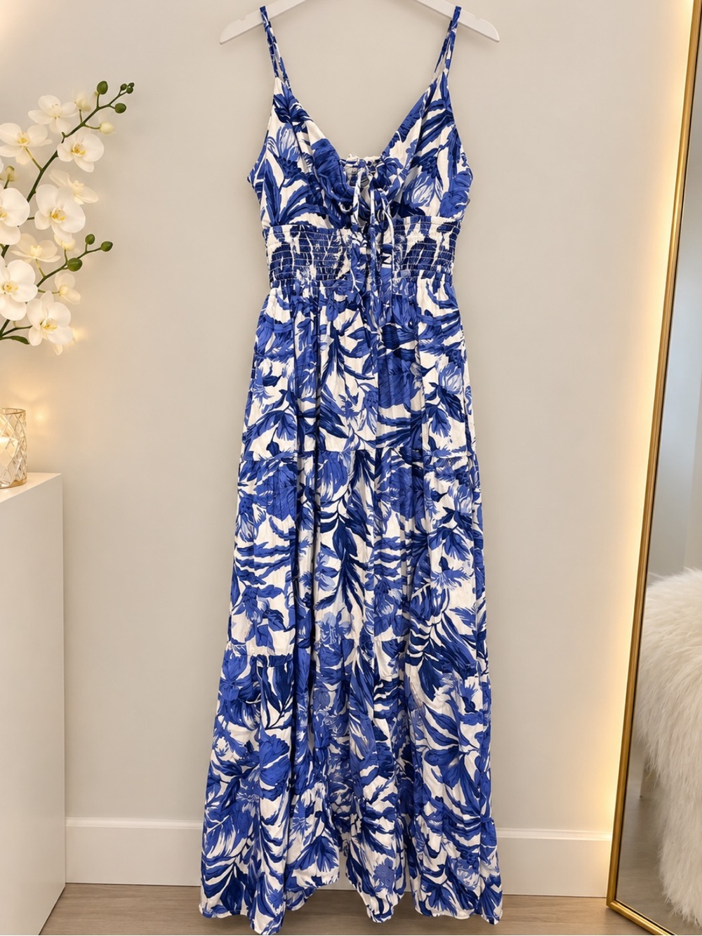 Blue & White Floral Maxi Dress with Smocked Waist